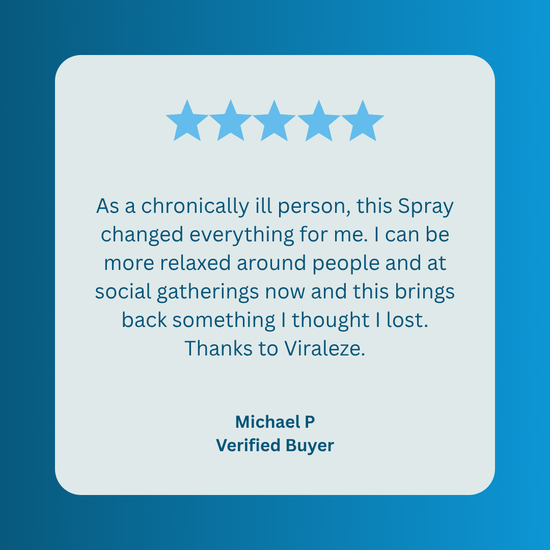 Five-star review for Viraleze product on a blue background